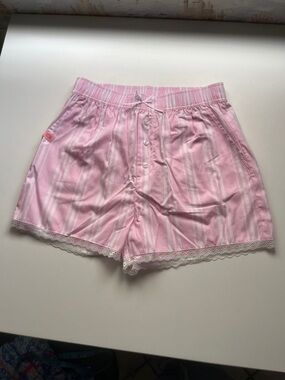 NWT Simply Southern Serena Striped Pink & White Lounge Shorts with Lace Trim